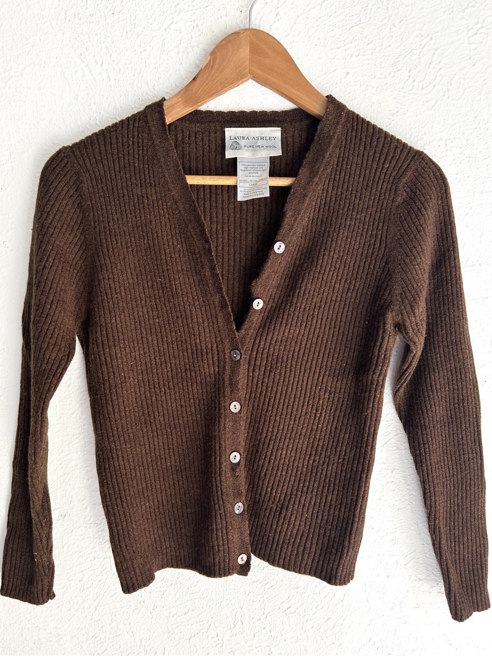 Vintage Laura Ashley 100% Wool Ribbed Cardigan Brown